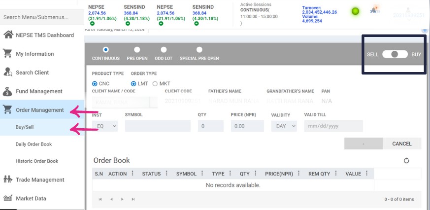To buy and sell shares, go to “Order Management” → Click “Buy/Sell” below screen will appear