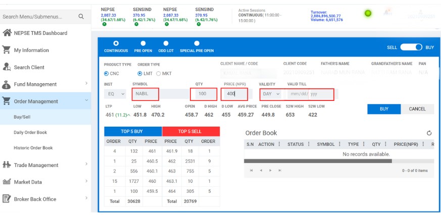 image of TMS dashboard, process of Buying Shares online 