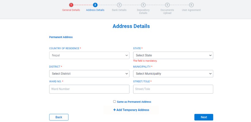 Tms account opeing form Address details
