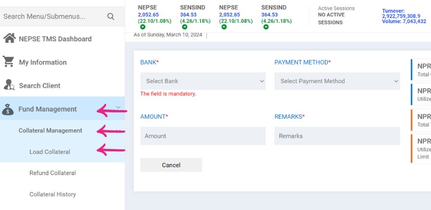 STEP1:  Go to Fund Management →Select Collateral Management → Load Collateral. You will see a screen as shown below.