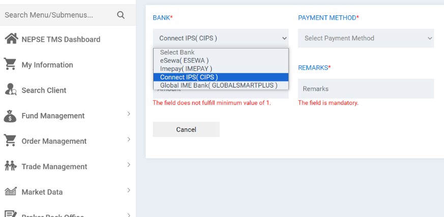 STEP 2: Select how you like to make a payment, you have four options: eSewa, Imepay, Connect IPS (CIPS), and Global IME Bank.