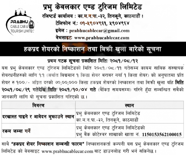 1:1 Rights Share Issuance Announcement by Prabhu Cable Car & Tourism Limited