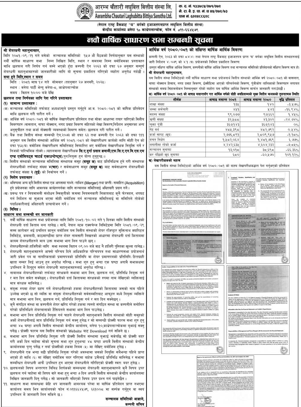 Notice of Aarambha Chautari Laghubitta Bittiya Sanstha Announces 9th AGM