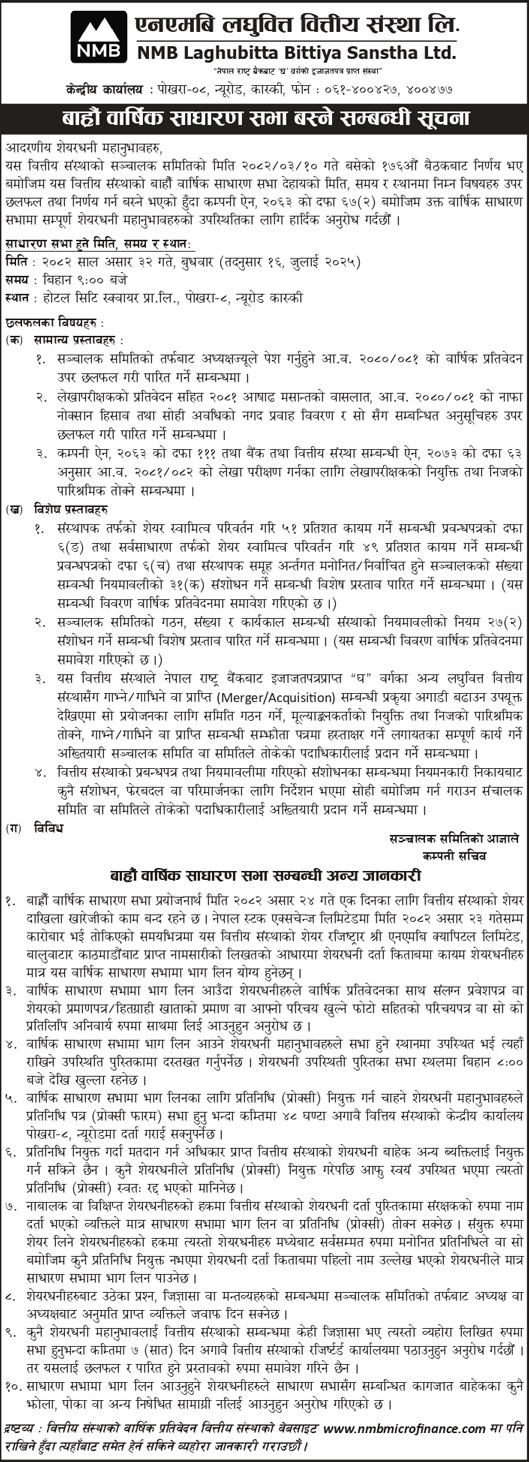 Notice of NMB Laghubitta 12th Annual General Meeting