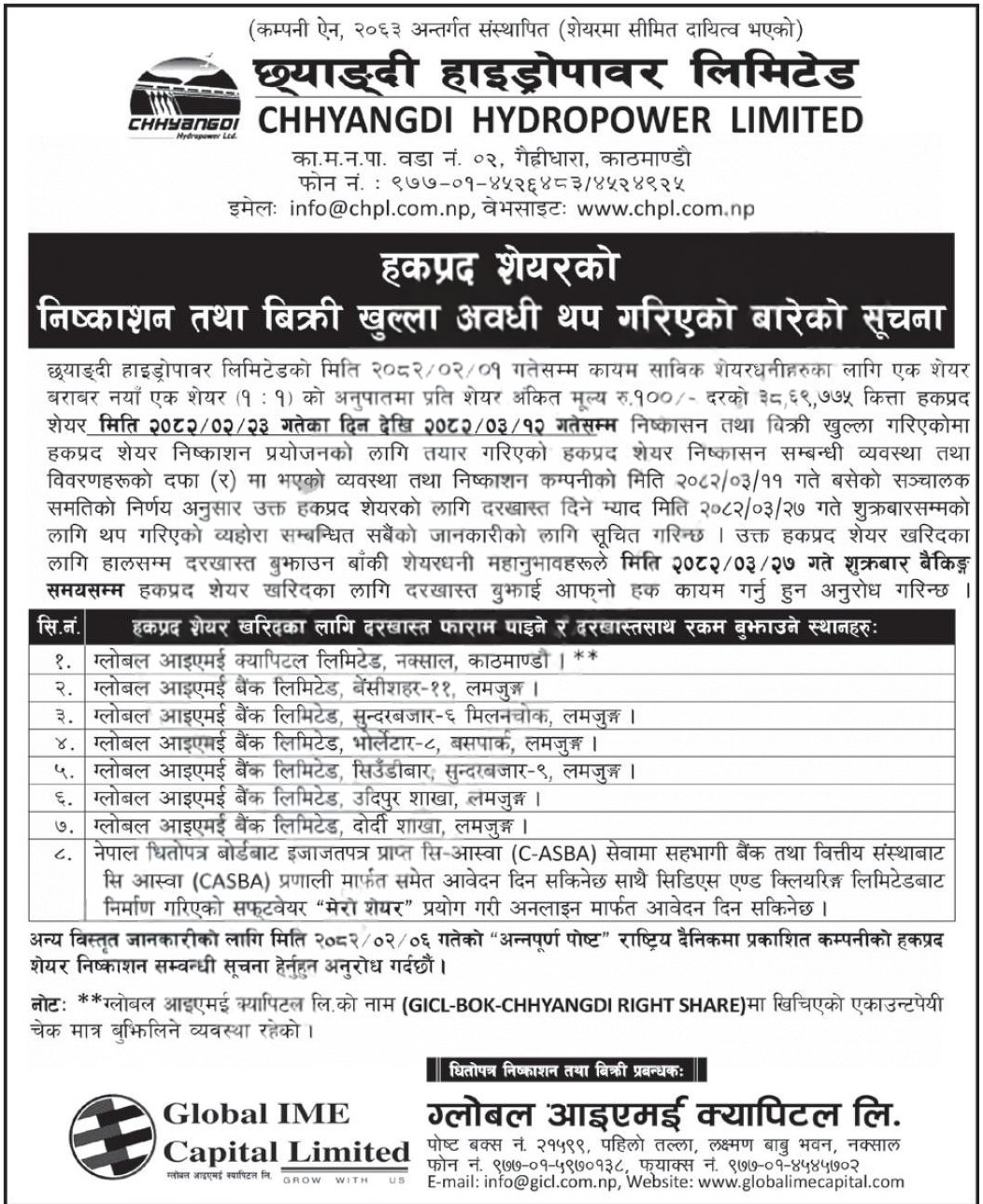 Notice of Chhyangdi Hydropower Extends Deadline for Rights Share Application 