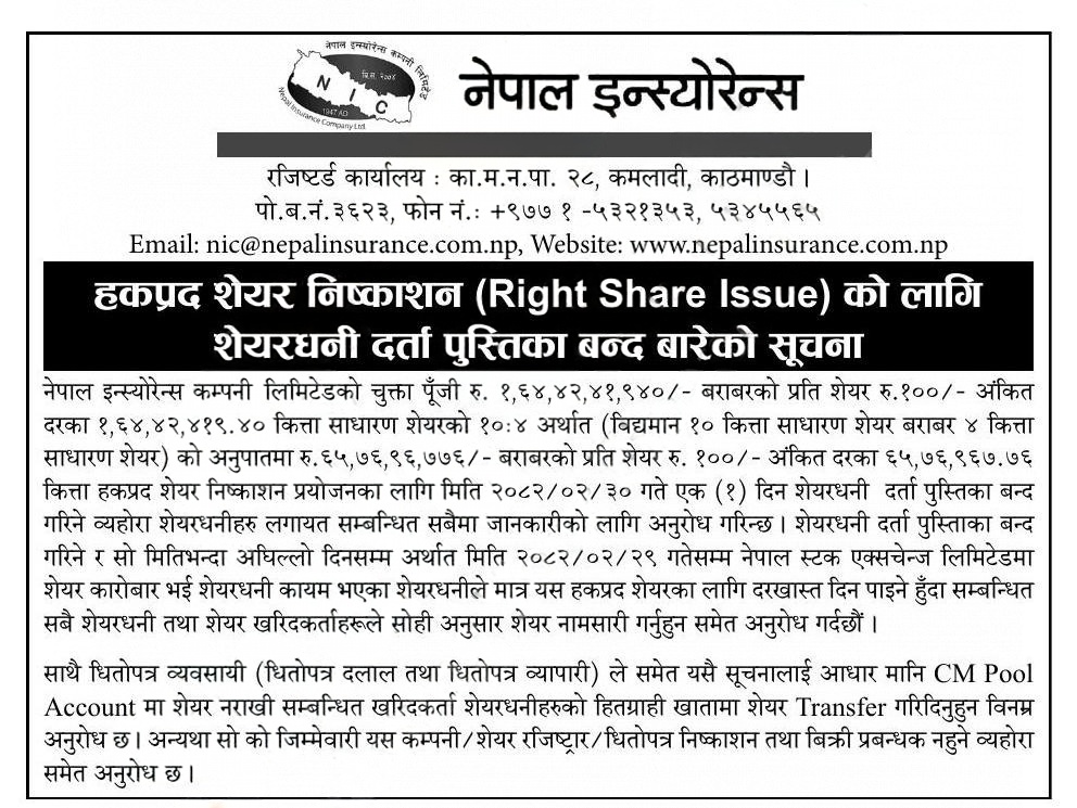Notice of NICL Declares 40% Right Share