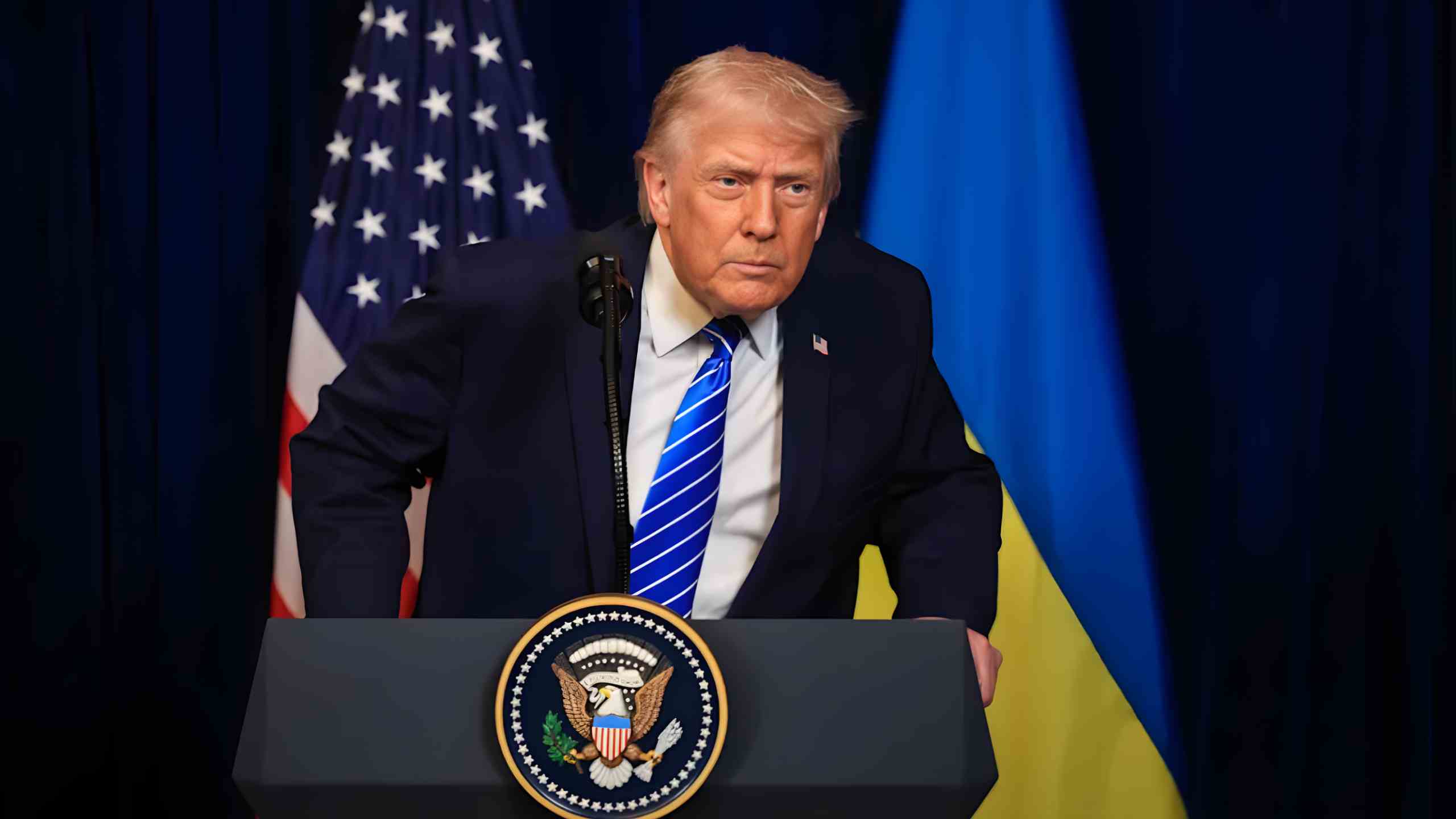 President Donald Trump listens as a reporter poses a question during a press conference with Ukrainian President Volodymyr Zelensky at his Mar-a-Lago club on December 28.