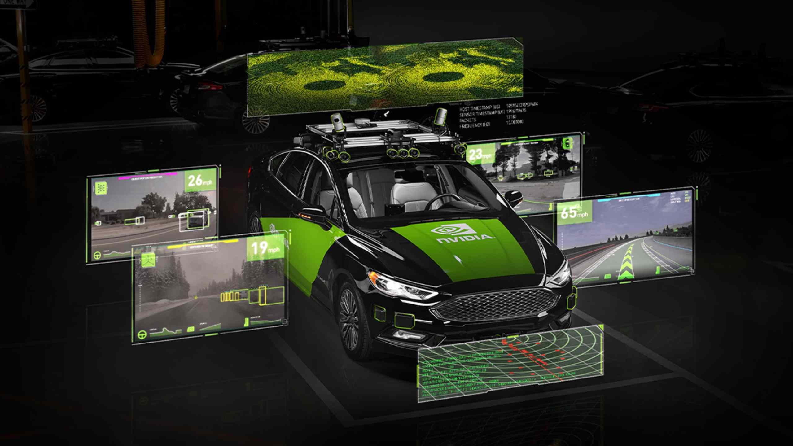 Autonomous vehicle equipped with NVIDIA DRIVE AI computing platform for intelligent driving.