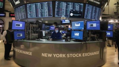 New York Stock Exchange trading booth as U.S. stock futures decline ahead of key policy and earnings events