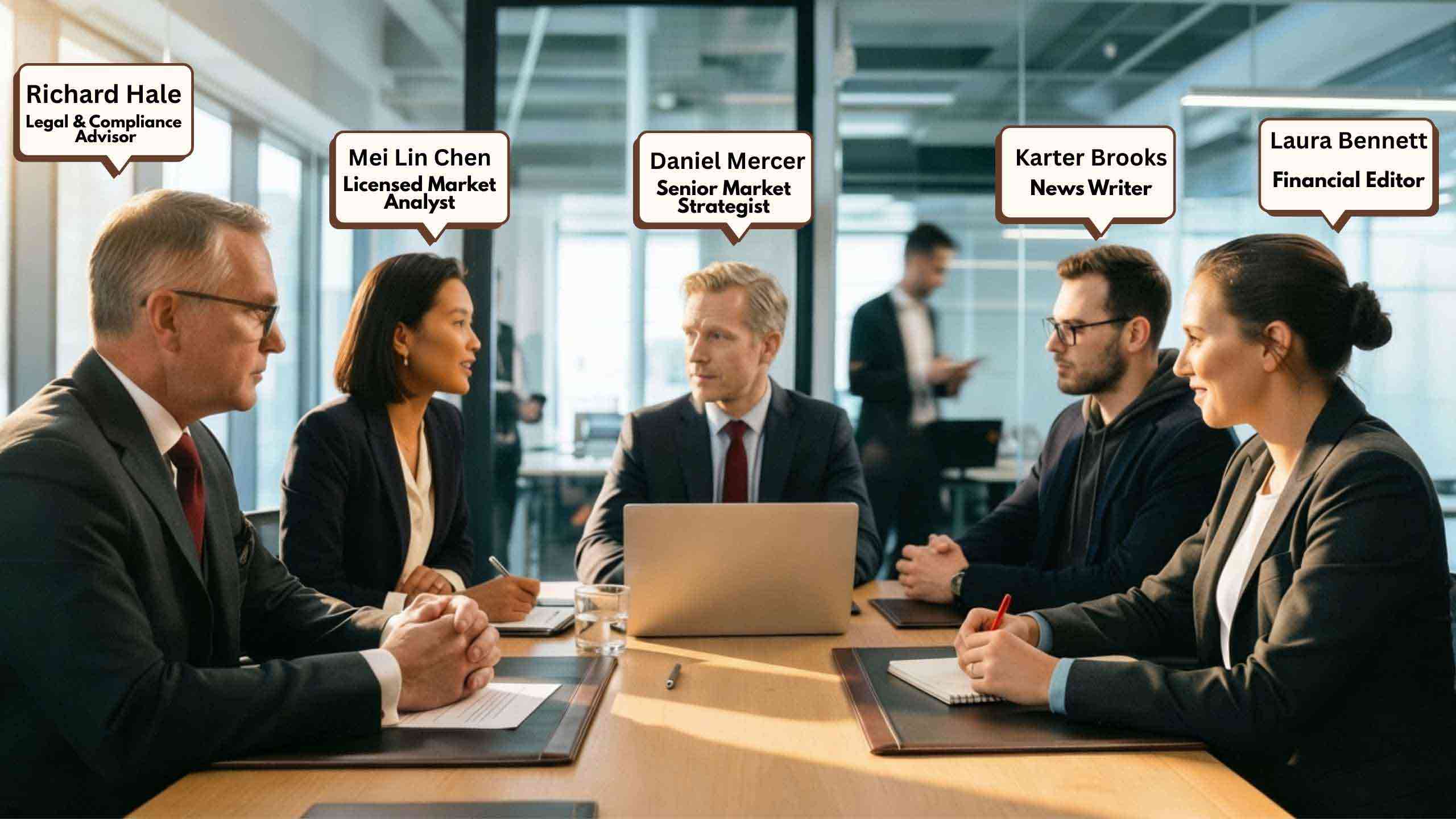 A group of five diverse professionals sitting around a conference table in a modern office with their names and job titles overlaid.