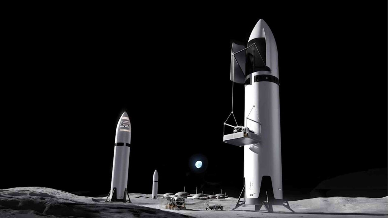 Rendering of SpaceX Starship near a moon base reflecting Musk’s Moon City vision