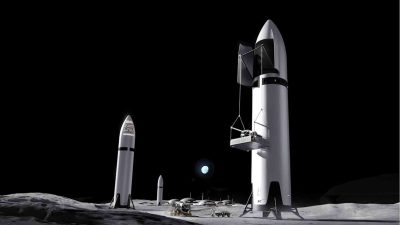 Rendering of SpaceX Starship near a moon base reflecting Musk’s Moon City vision
