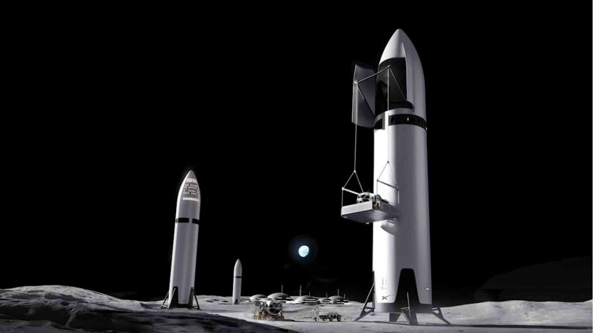 Rendering of SpaceX Starship near a moon base reflecting Musk’s Moon City vision