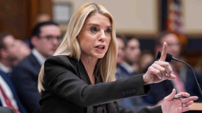 Pam Bondi speaking during heated hearing on Epstein files transparency