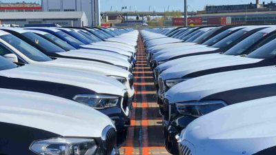 Cars representing rerouted imports into Russia through China