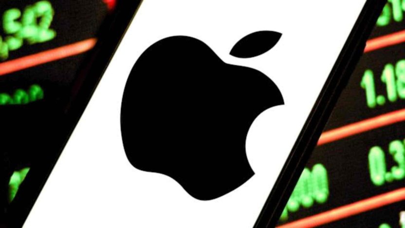 Apple logo as its stock decouples from the Nasdaq during AI market volatility